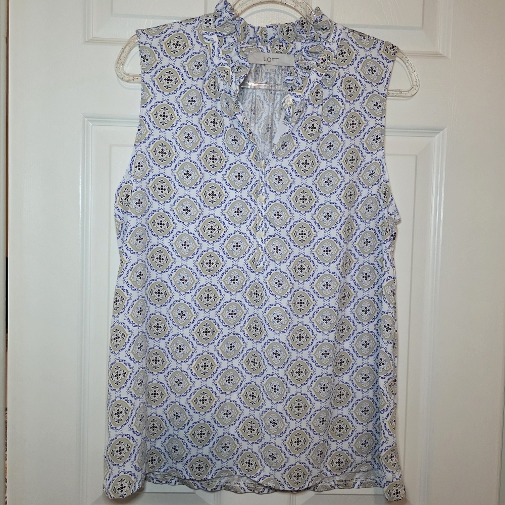 LOFT Blue and Cream Sleeveless Printed Blouse
